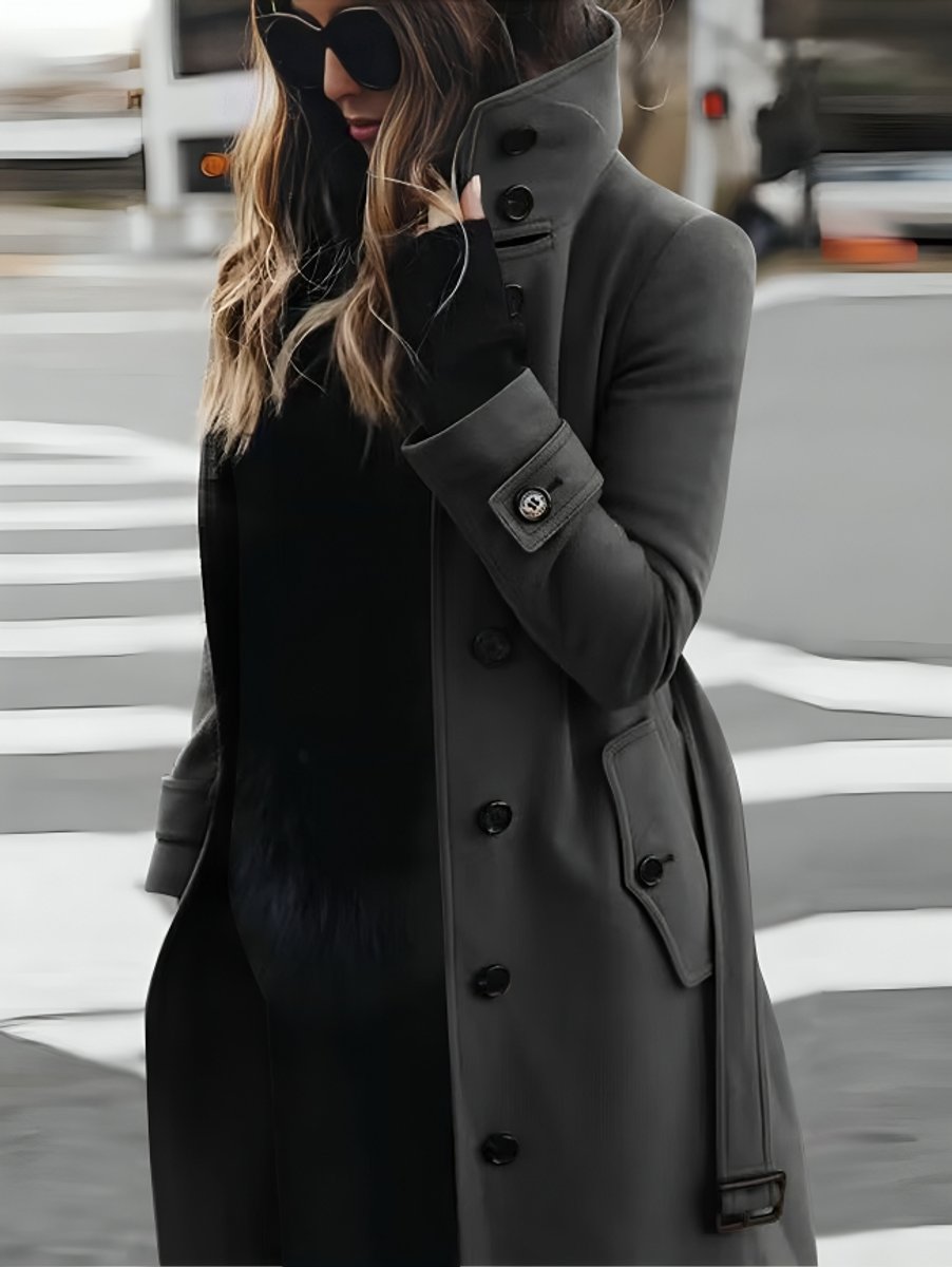Women's Belted Double-Breasted Long Trench Coat High Collar - Grey