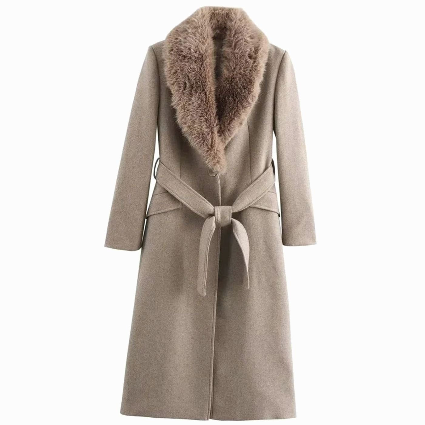 Women's Belted Faux Fur Collar Long Winter Coat - Khaki