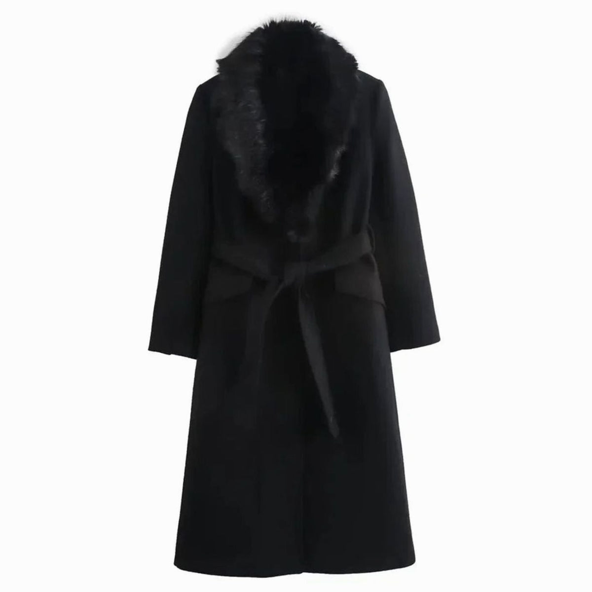 Women's Belted Faux Fur Collar Long Winter Coat - Black