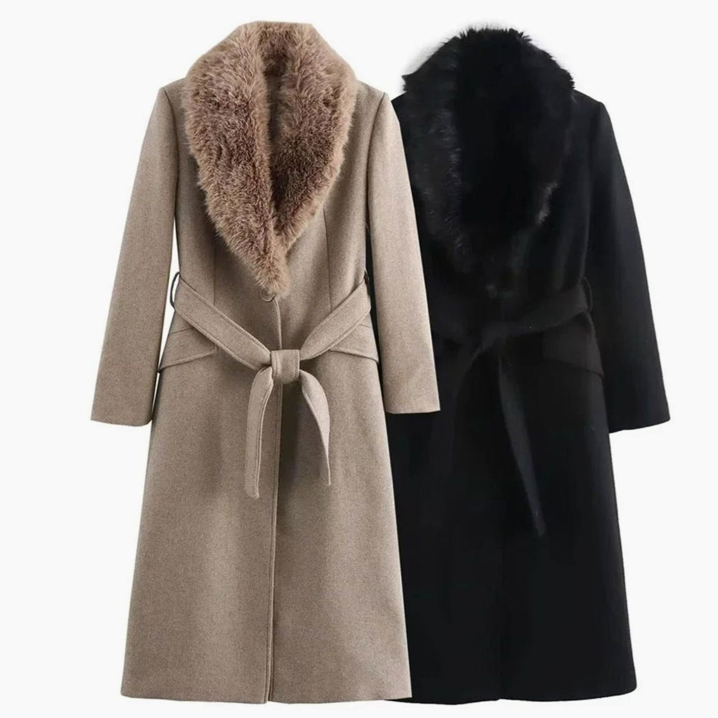 Women's Belted Faux Fur Collar Long Winter Coat