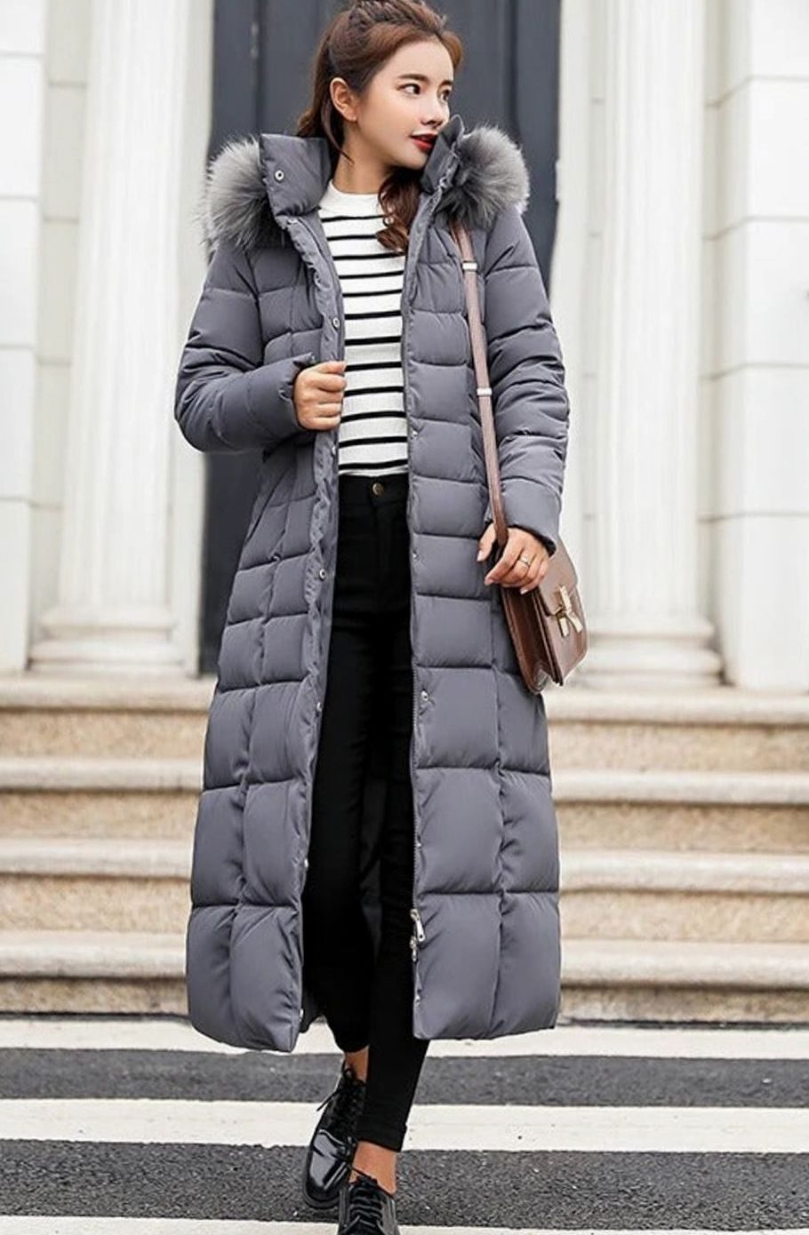 Women's Belted Hooded Maxi Quilted Puffer Coat - Dark Grey