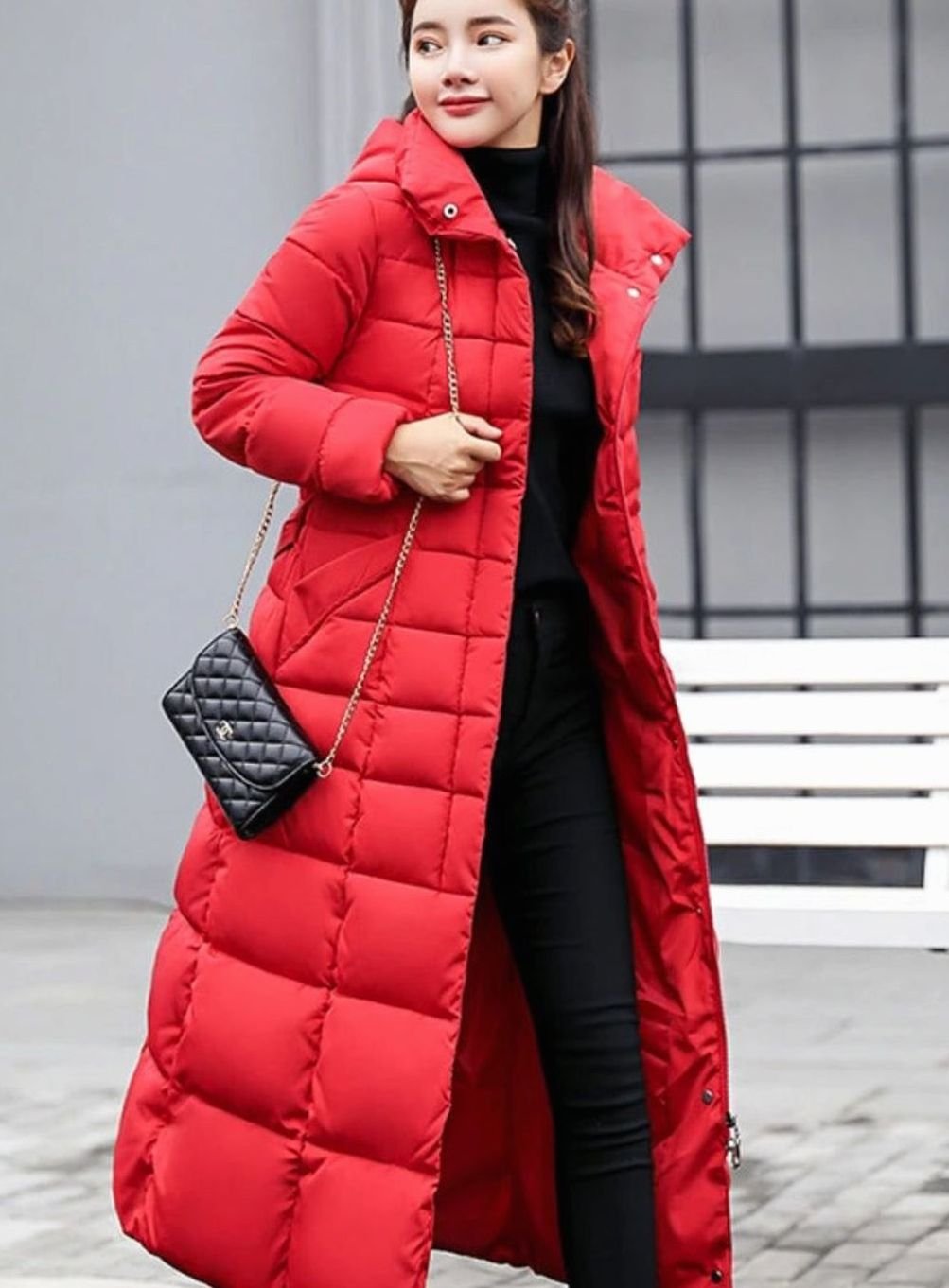 Women's Belted Hooded Maxi Quilted Puffer Coat - Red