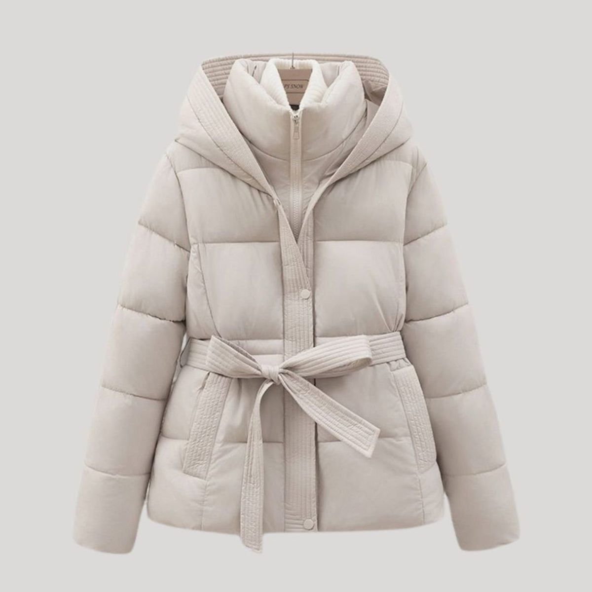 Women's Belted Hooded Quilted Puffer Coat with Waist Tie - Beige
