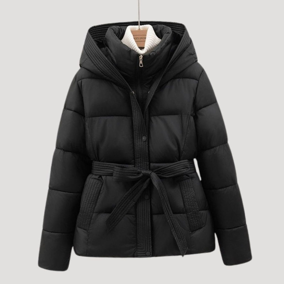 Women's Belted Hooded Quilted Puffer Coat with Waist Tie - Black