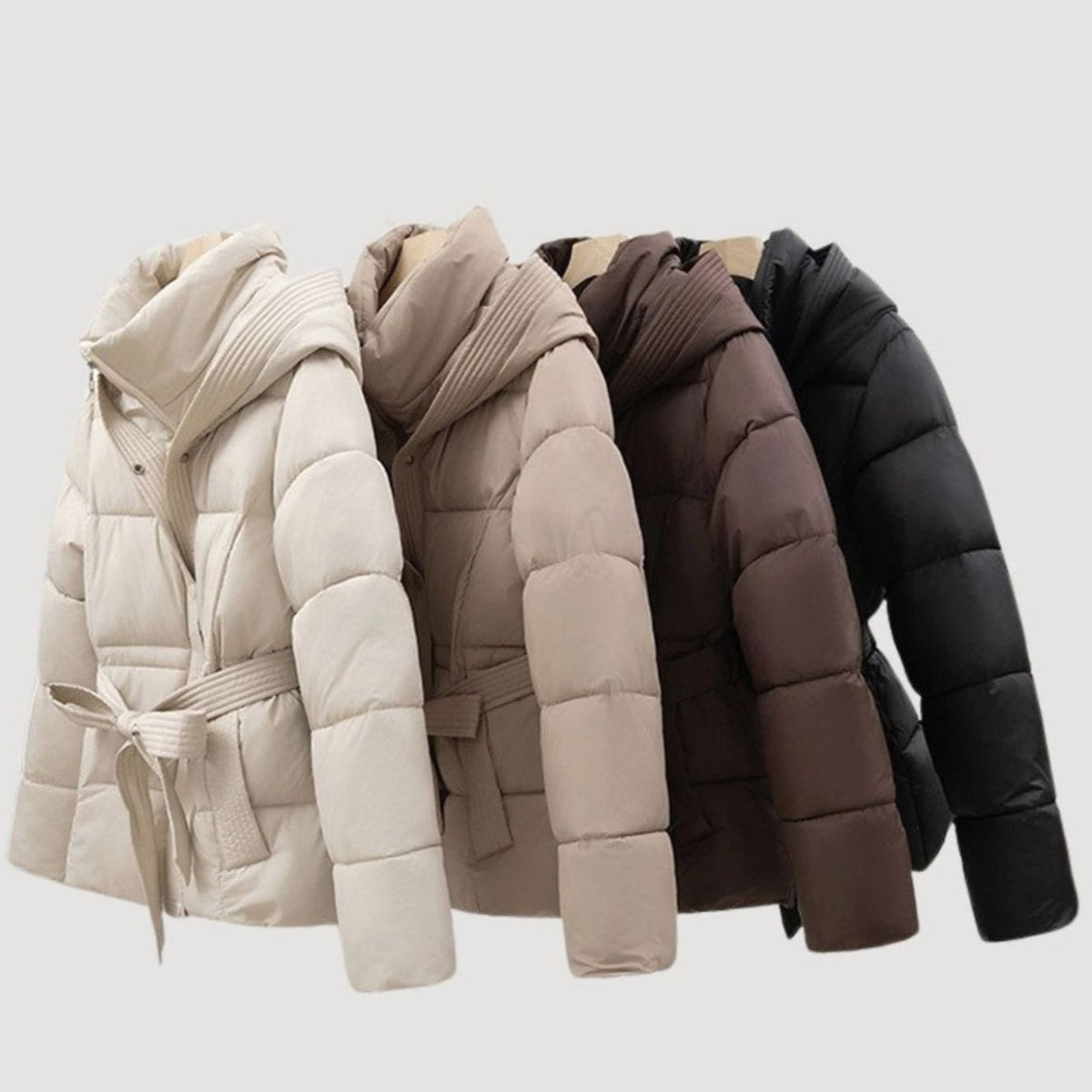 Women's Belted Hooded Quilted Puffer Coat with Waist Tie