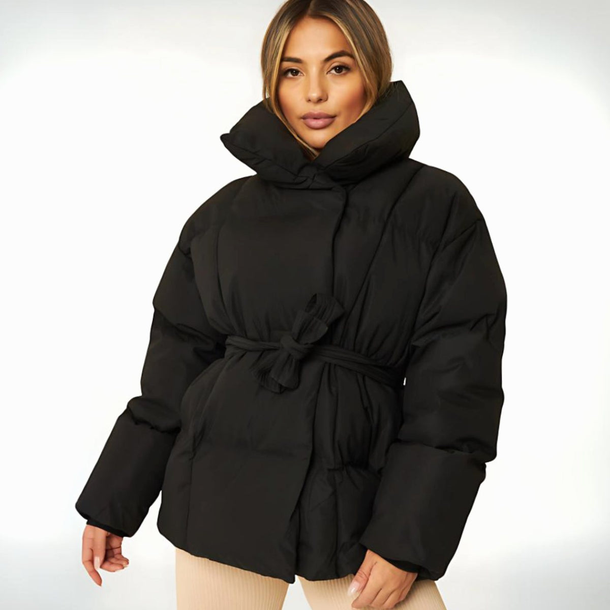 Women's Belted Padded Puffer Jacket High-Collar Winter Coat - Black