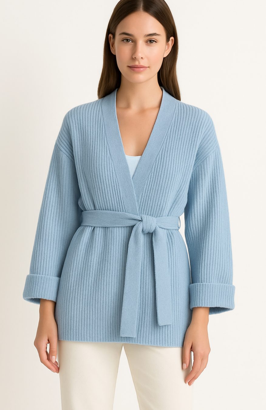 Women's Belted Ribbed Knit Wrap Cardigan Cuffed Sleeves
