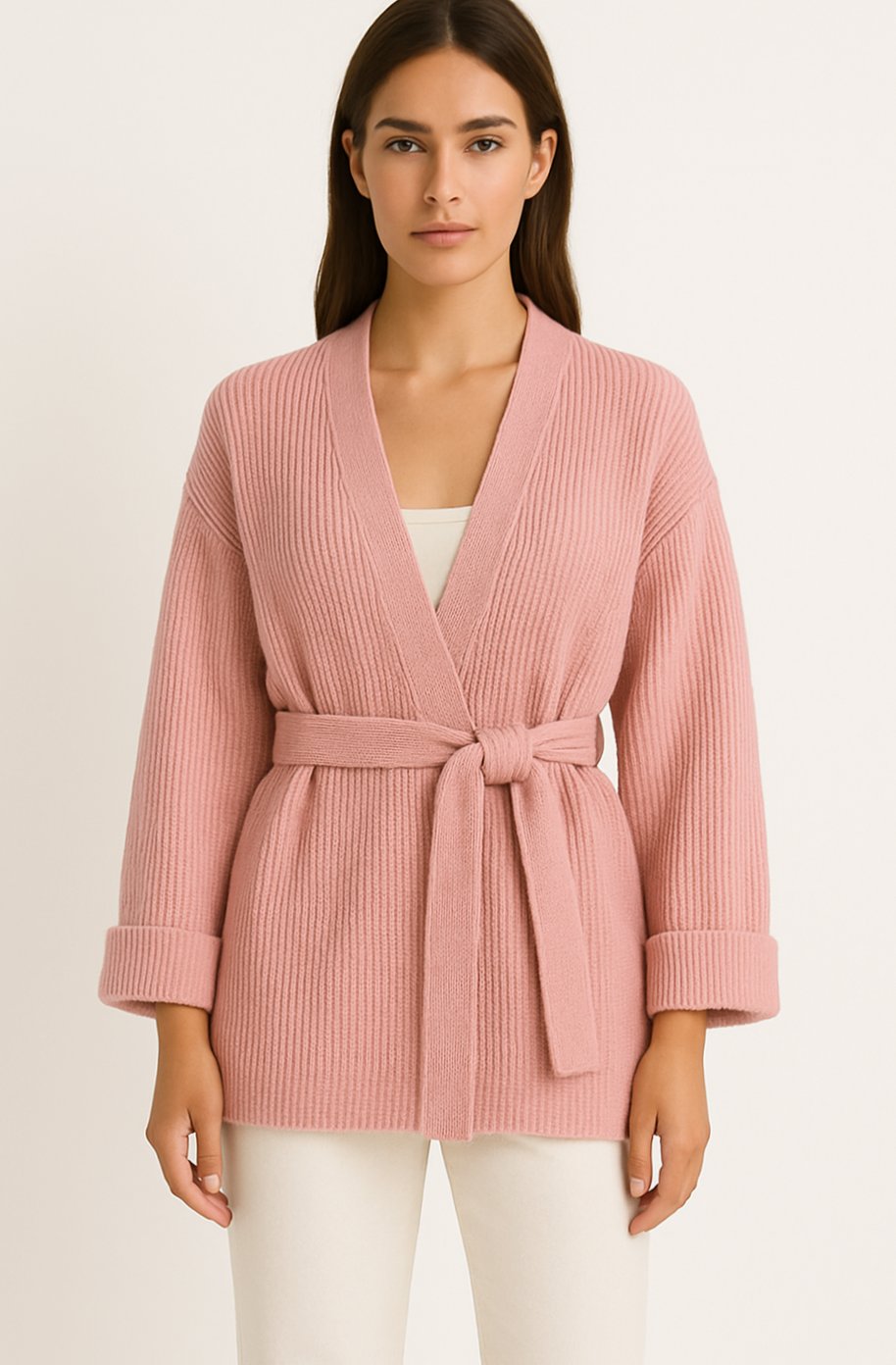 Women's Belted Ribbed Knit Wrap Cardigan Cuffed Sleeves