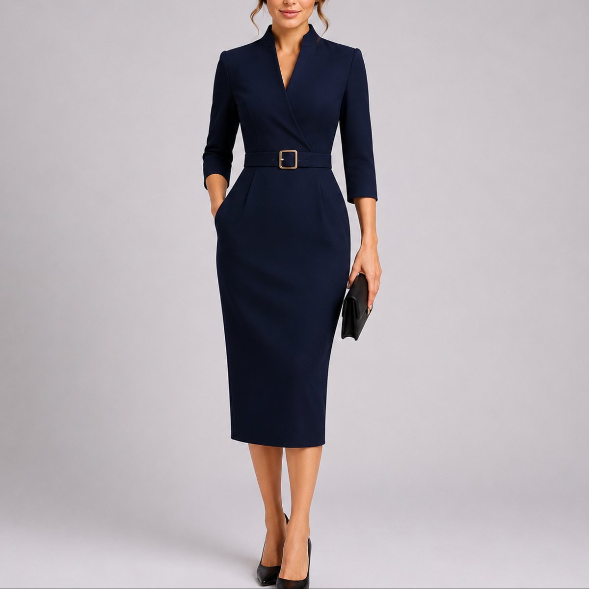 Women's Belted V-Neck Bodycon Midi Dress - Navy