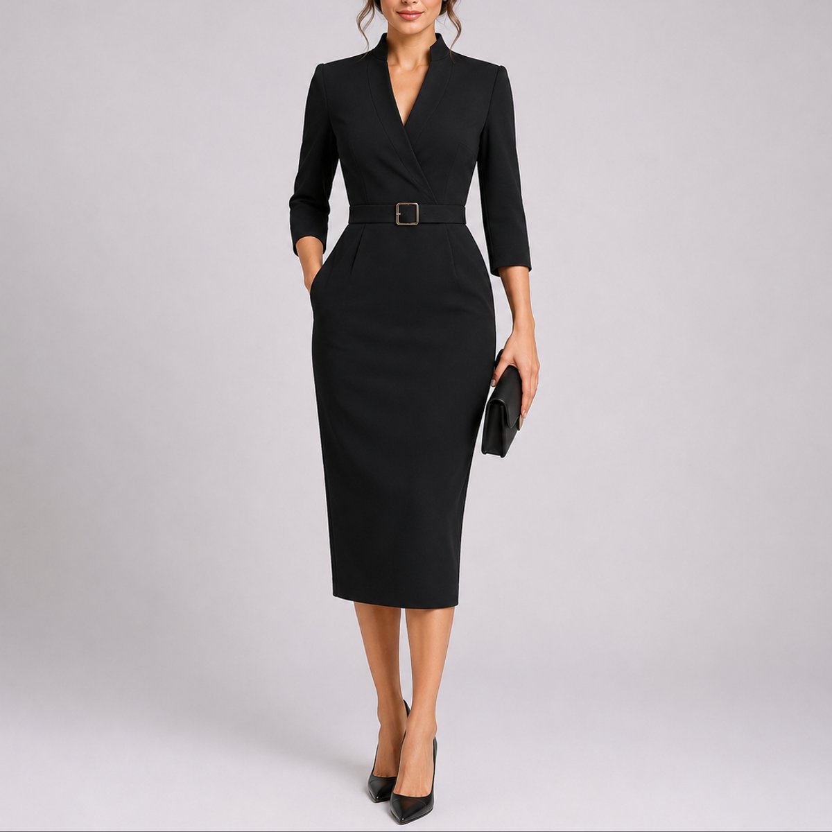 Women's Belted V-Neck Bodycon Midi Dress - Black