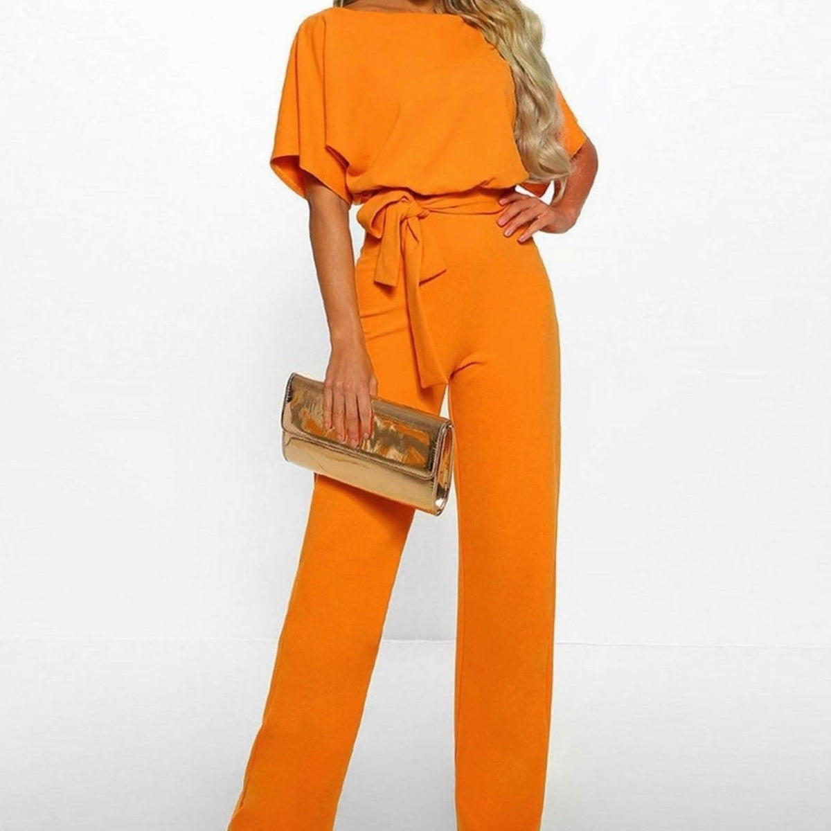 Women's Belted Wide Leg Coord Two-Piece Set Short Sleeve - Orange