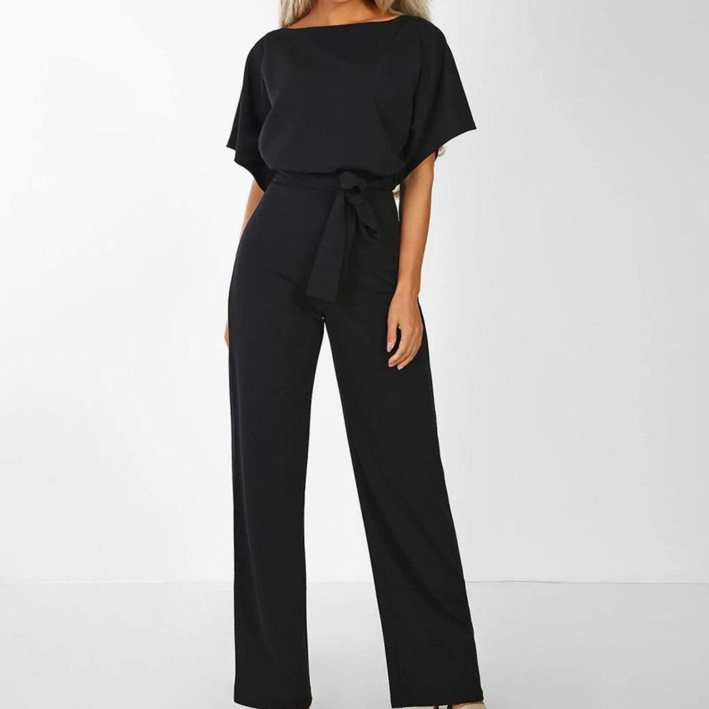 Women's Belted Wide Leg Coord Two-Piece Set Short Sleeve - Black