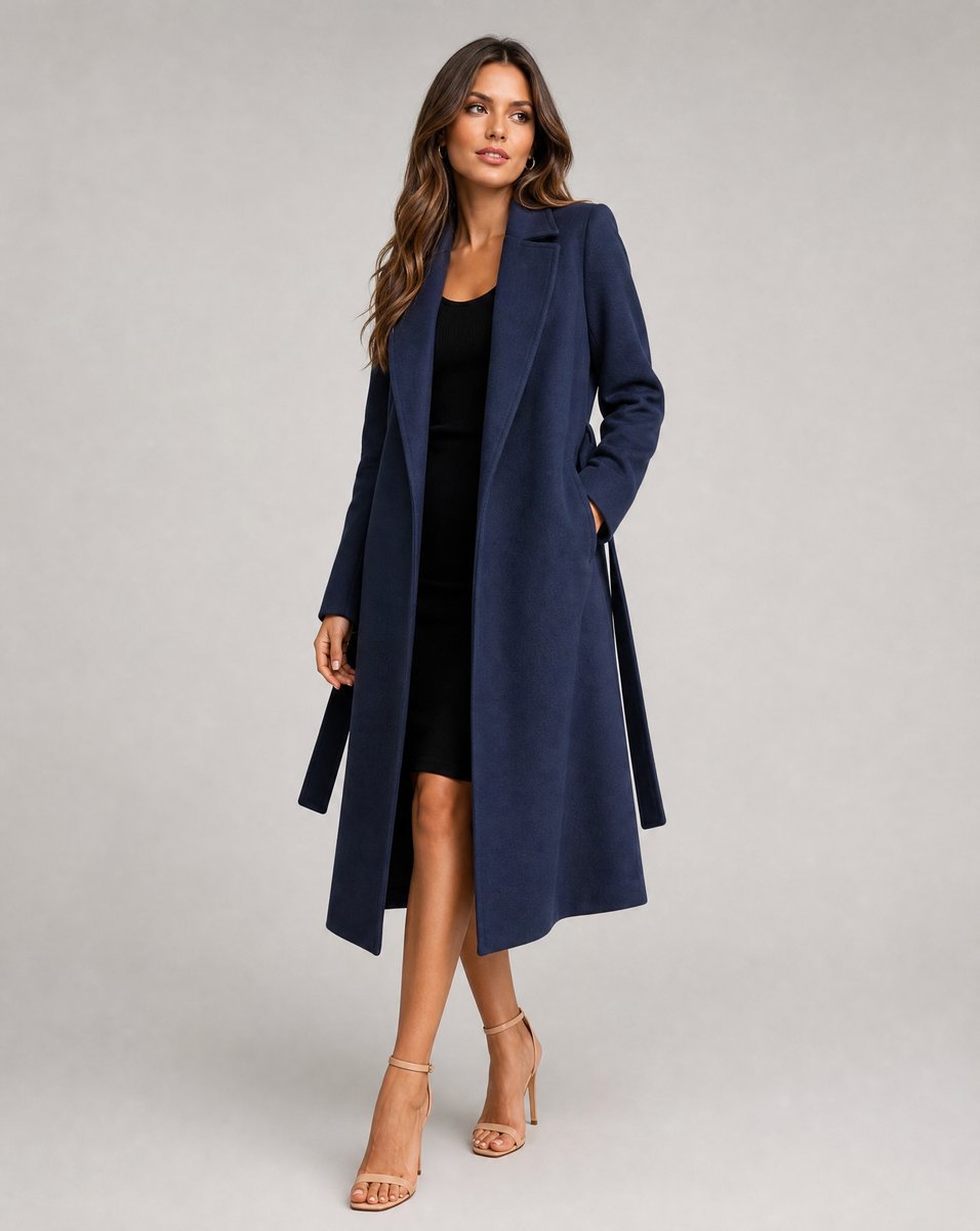 Women's Belted Wool-Blend Long-Line Trench Coat Notched Lapel Overcoat