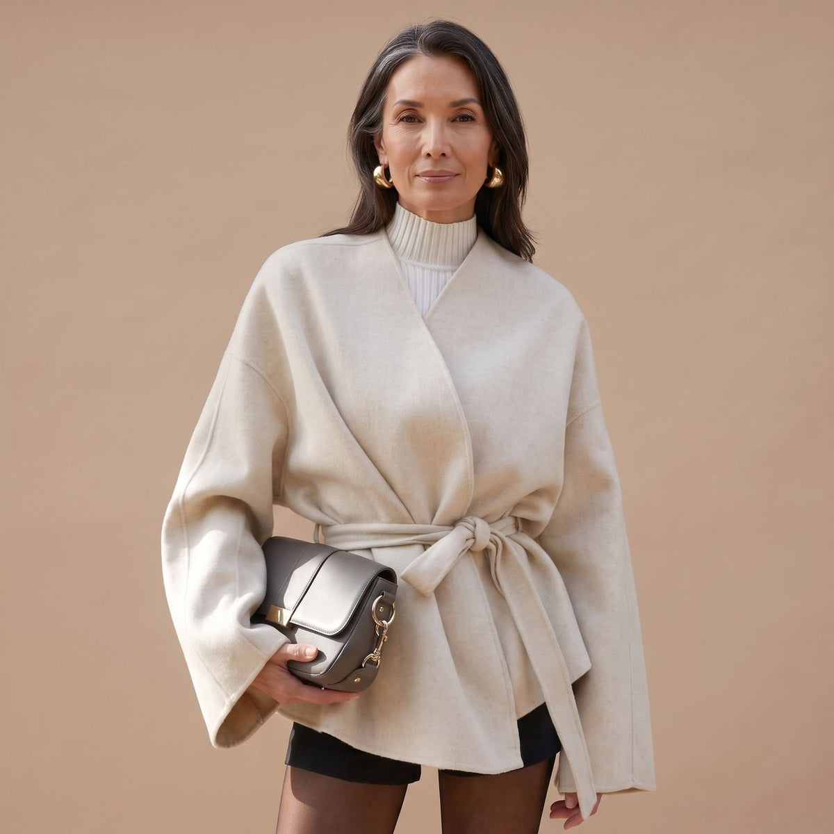 Women's Belted Wool Coat Elegant Tie-Waist Tailored Jacket - Beige