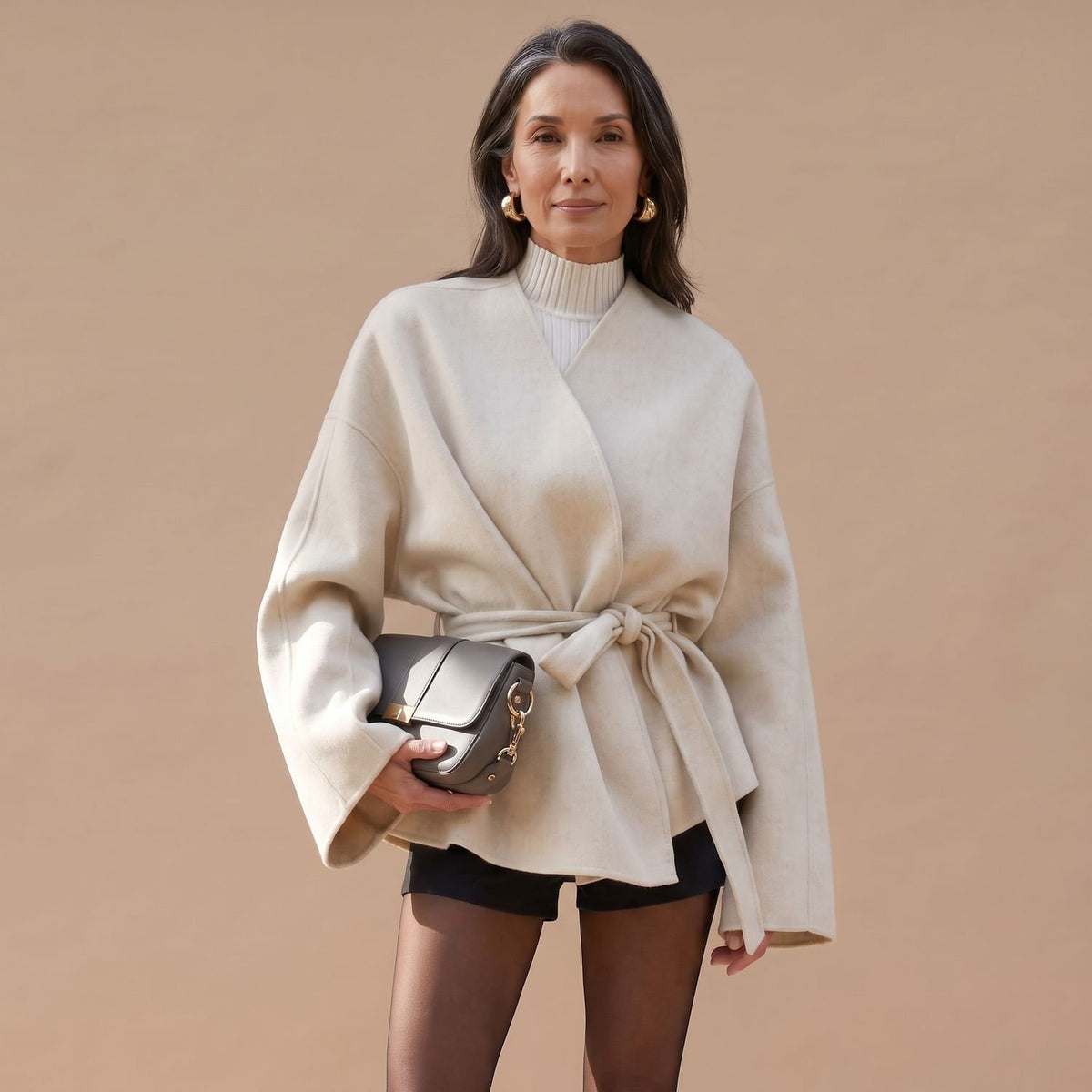 Women's Belted Wool Coat Elegant Tie-Waist Tailored Jacket