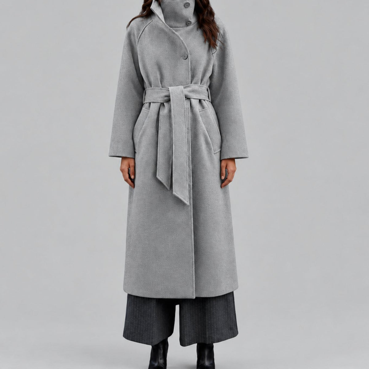 Women's Belted Wool-Style Long Wrap Coat Wide Collar - Grey