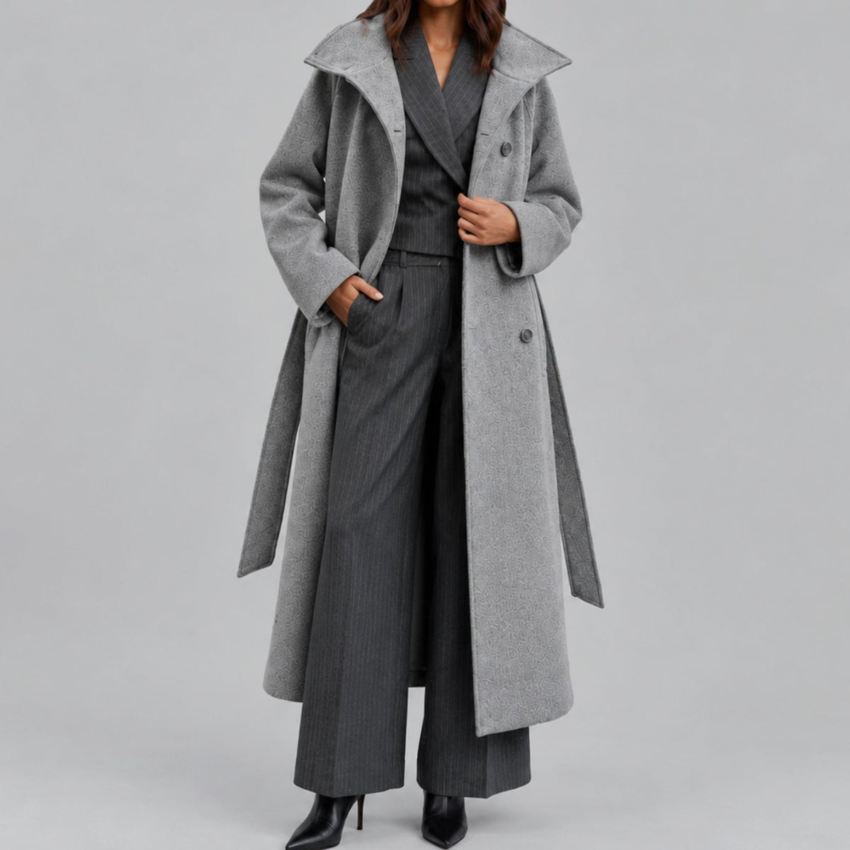 Women's Belted Wool-Style Long Wrap Coat Wide Collar