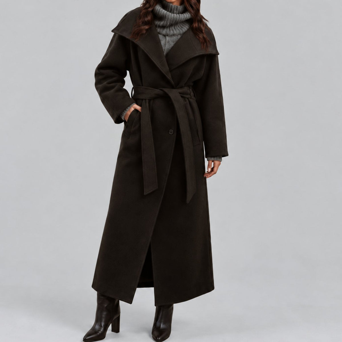 Women's Belted Wool-Style Long Wrap Coat Wide Collar - Black