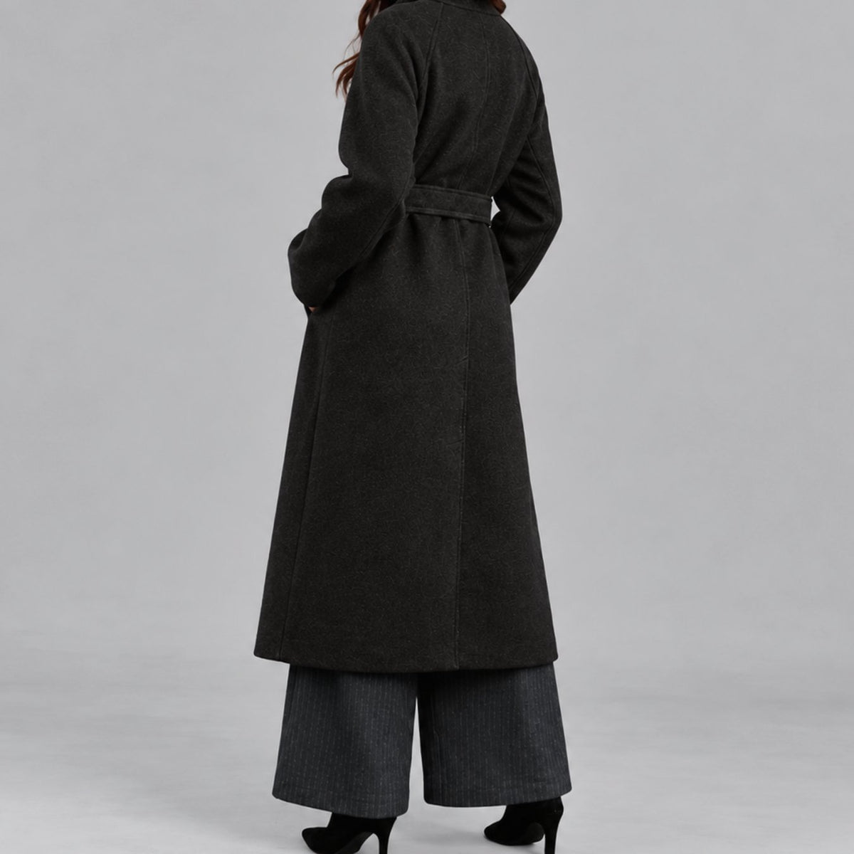 Women's Belted Wool-Style Long Wrap Coat Wide Collar