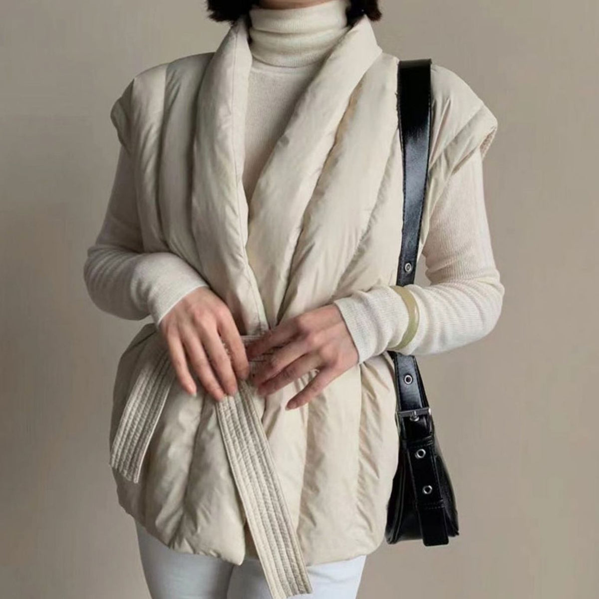 Women's Belted Wrap Puffer Gilet Quilted Sleeveless Gilet - Beige