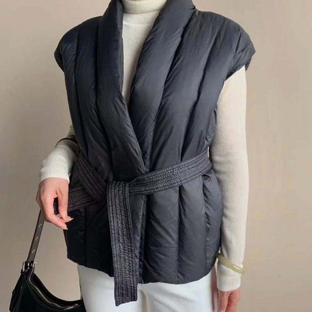 Women's Belted Wrap Puffer Gilet Quilted Sleeveless Gilet - Black