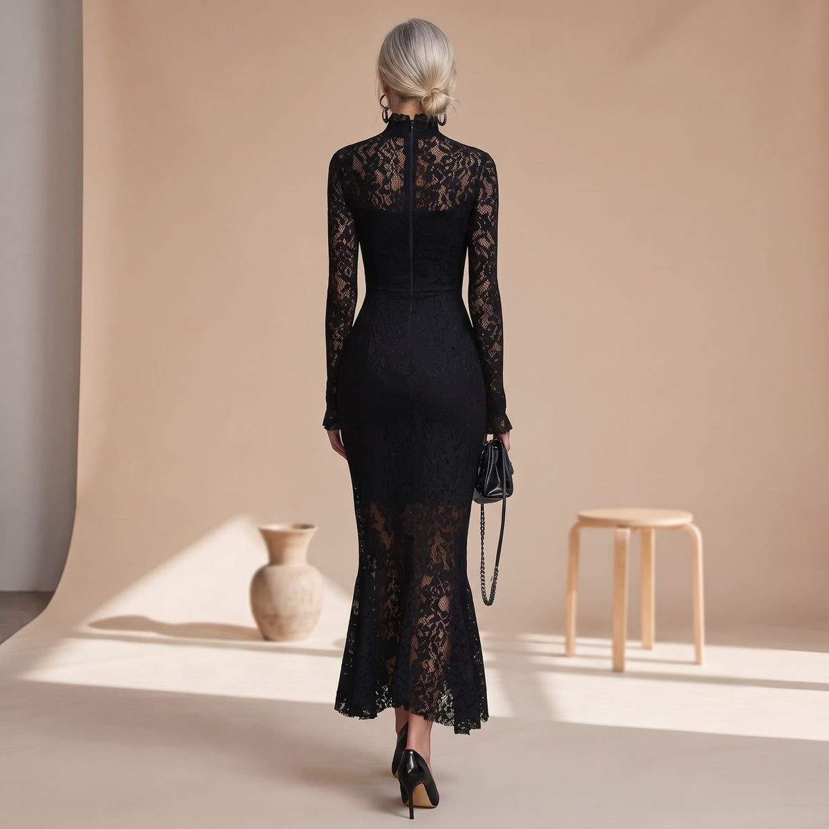 Women's Black Lace Long-Sleeve Fishtail Maxi Dress
