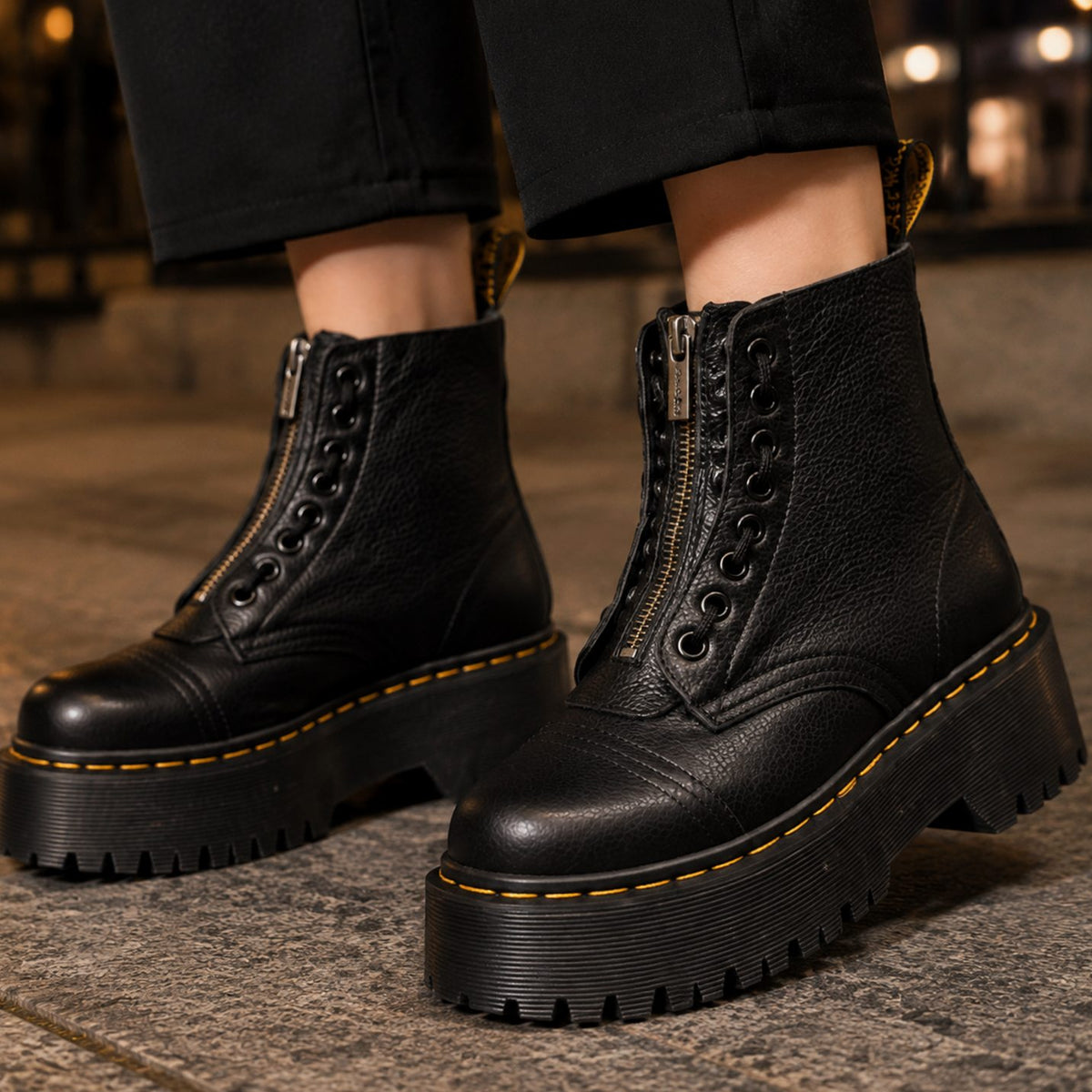 Women's Black Leather Platform Front-Zip Ankle Boots - Black