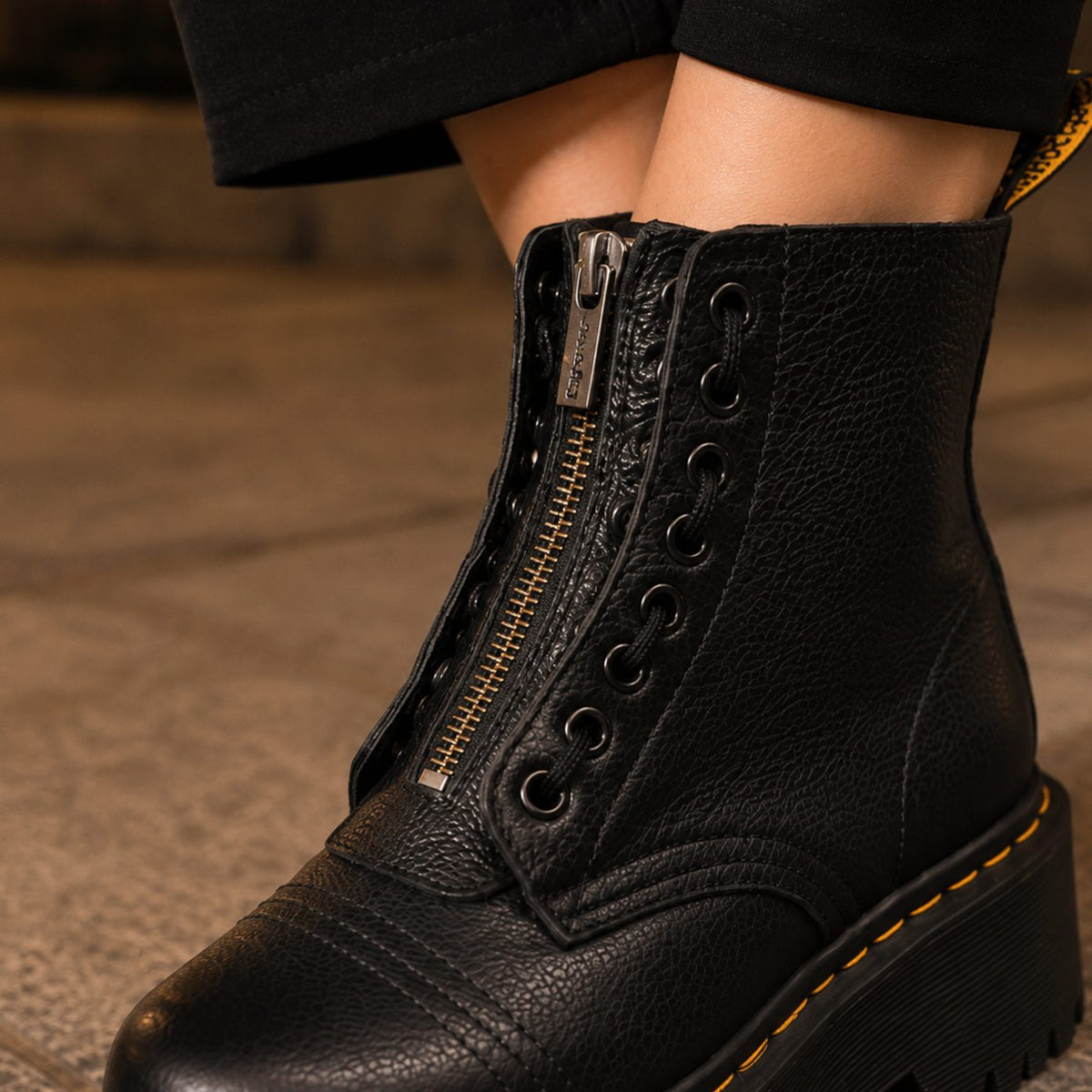 Women's Black Leather Platform Front-Zip Ankle Boots