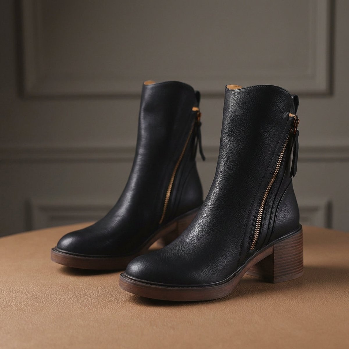 Women's Black Leather Side-Zip Ankle Boots