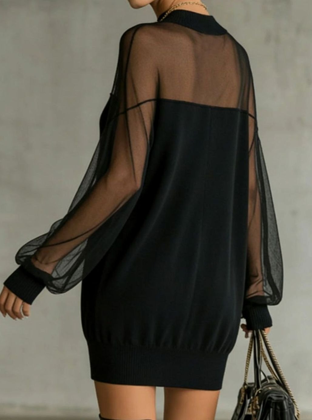 Women's Black Long Sleeve Mini Dress Sheer Mesh Mock Neck