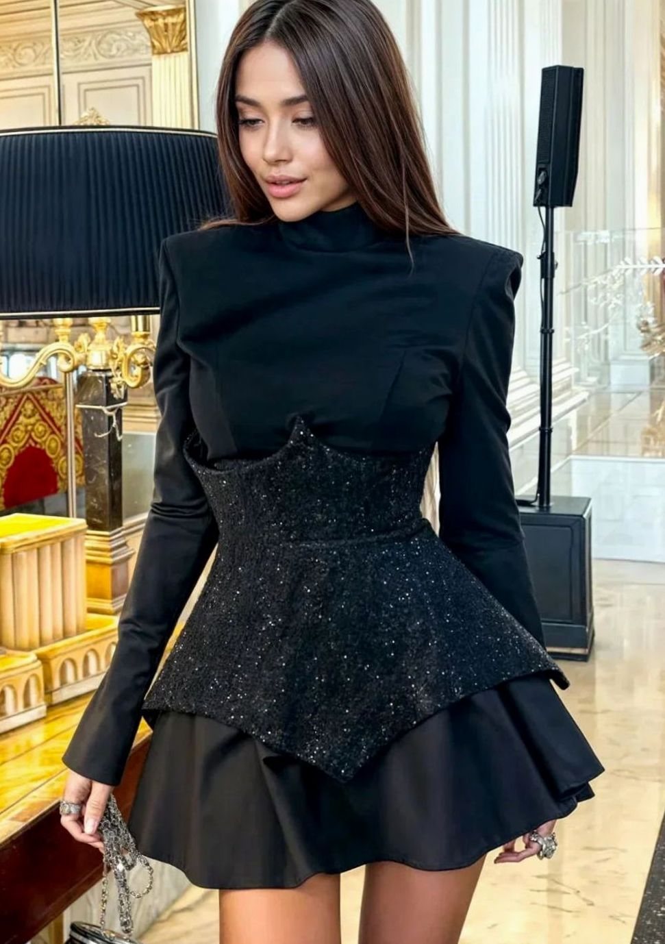 Women's Black Long-Sleeve Sequin Corset Mini Evening Dress - Black