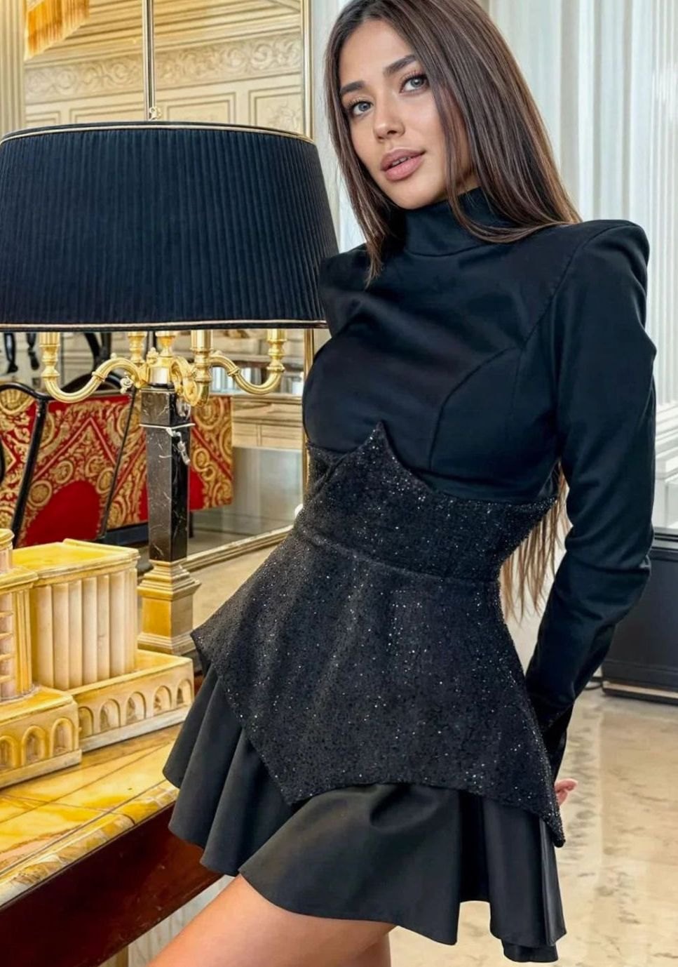Women's Black Long-Sleeve Sequin Corset Mini Evening Dress