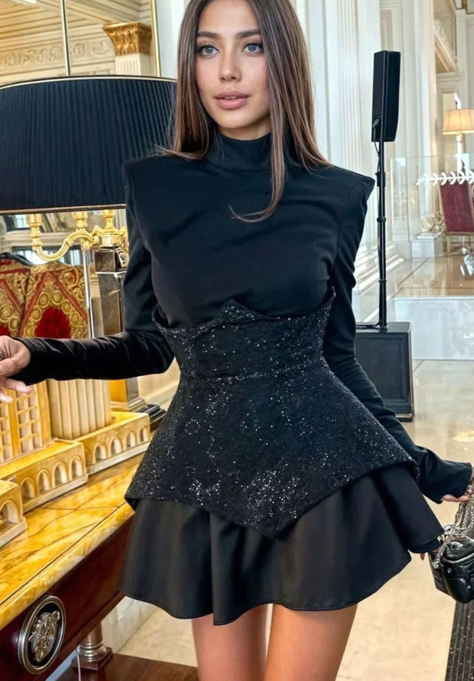 Women's Black Long-Sleeve Sequin Corset Mini Evening Dress