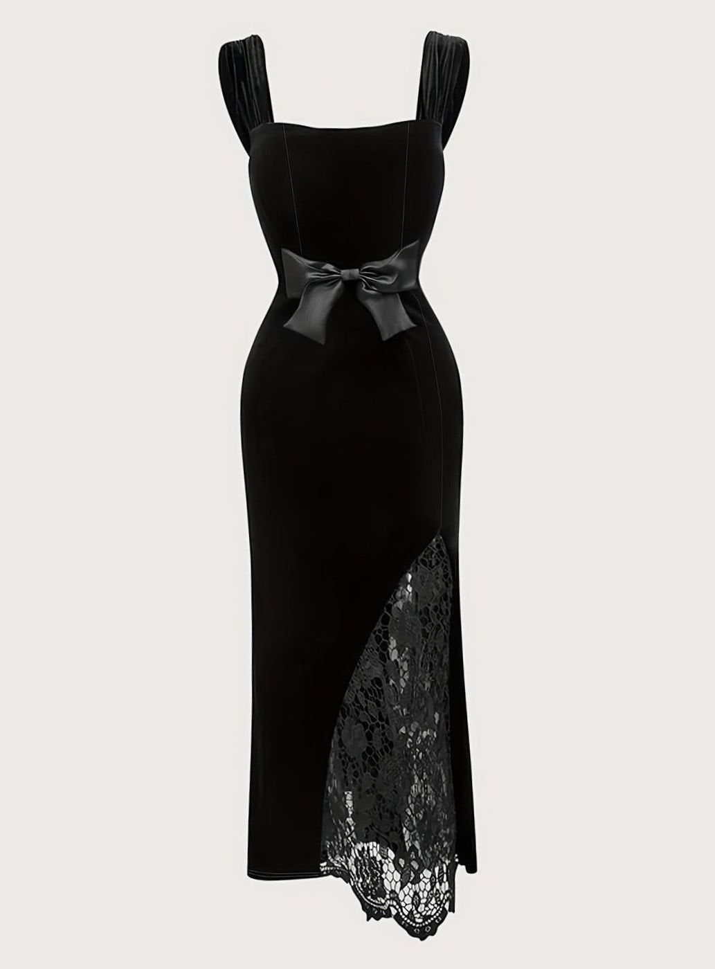 Women's Black Velvet Lace Bow-Waist Mermaid Maxi Dress