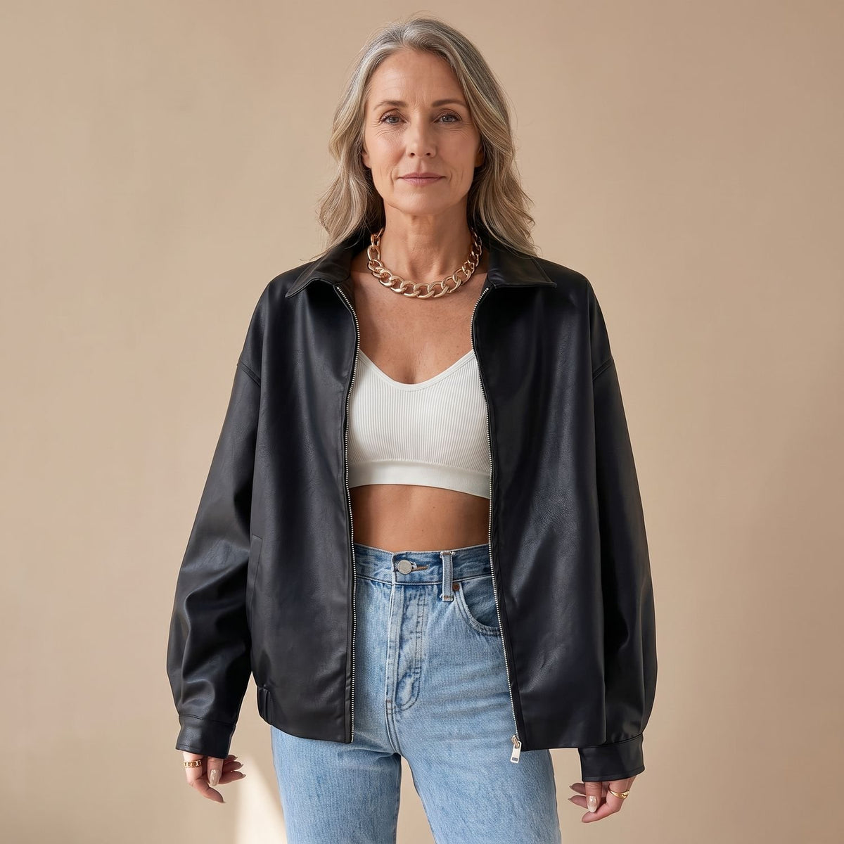 Women's Black Zip-Up Faux Leather Jacket Relaxed Fit - Black