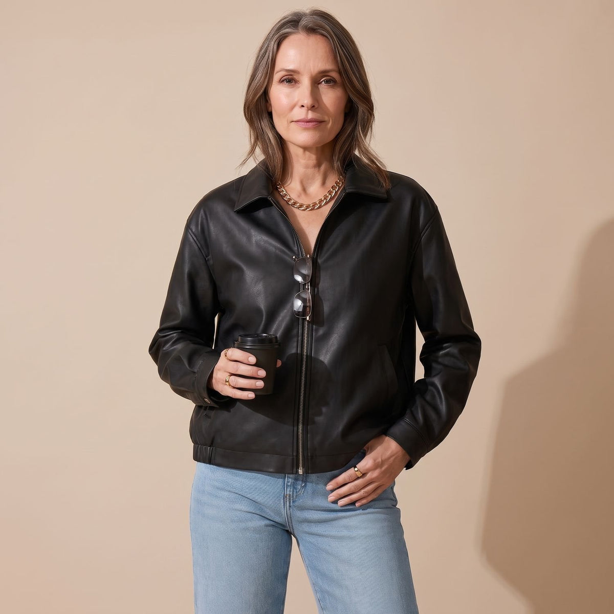 Women's Black Zip-Up Faux Leather Jacket Relaxed Fit