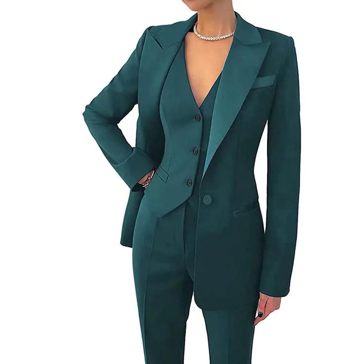 Women's Blazer 3-Piece Tailored Suit Set Waistcoat Trousers - Green