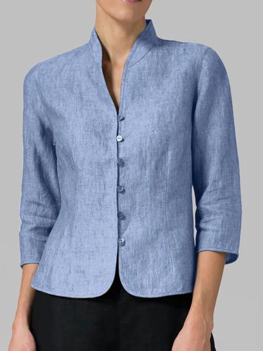 Women's Blazer Linen Mandarin-Collar Tailored-Fit Jacket - Blue