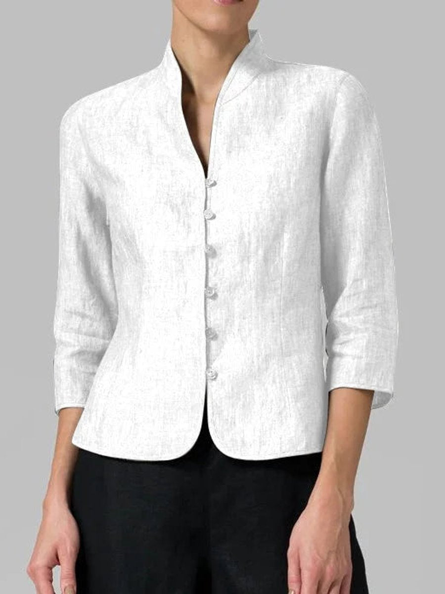 Women's Blazer Linen Mandarin-Collar Tailored-Fit Jacket - White