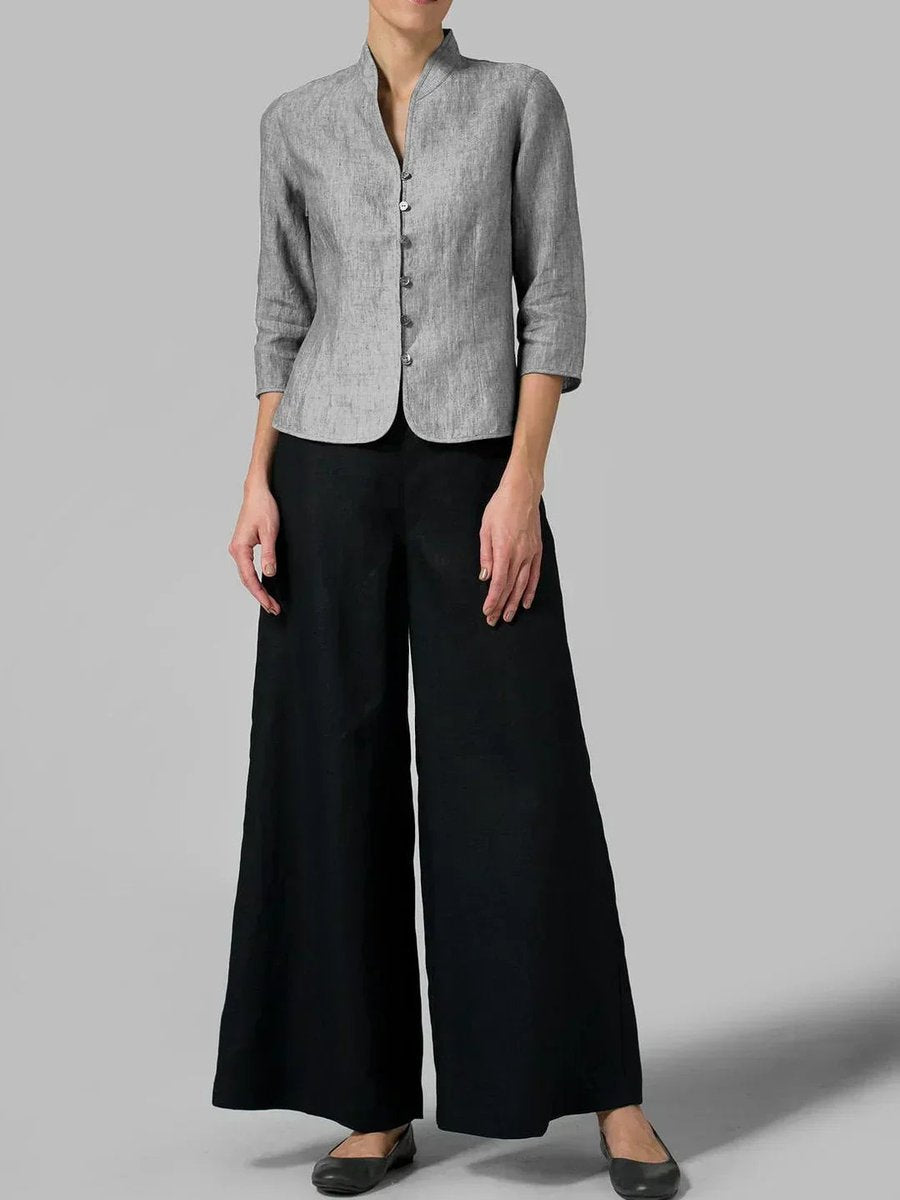 Women's Blazer Linen Mandarin-Collar Tailored-Fit Jacket - Grey