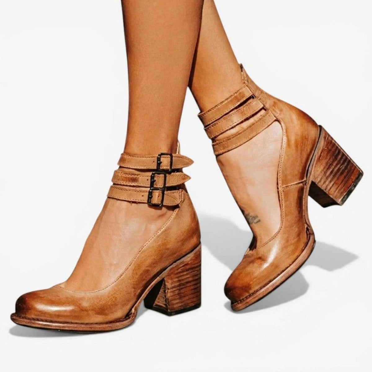 Women's Block Heel Ankle Boots Buckle Strap Chunky Heel - Light Brown