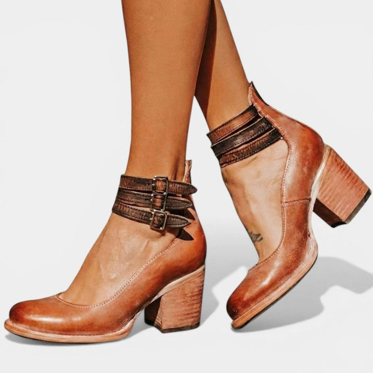 Women's Block Heel Ankle Boots Buckle Strap Chunky Heel - Brown