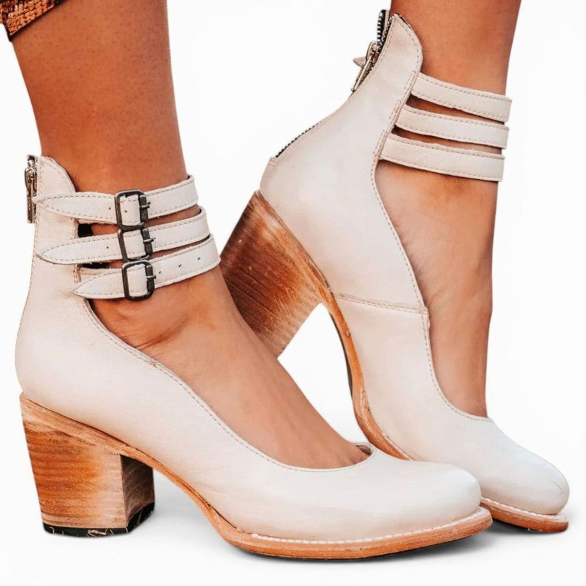 Women's Block Heel Ankle Boots Buckle Strap Chunky Heel - White