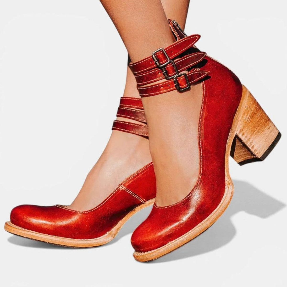 Women's Block Heel Ankle Boots Buckle Strap Chunky Heel - Red