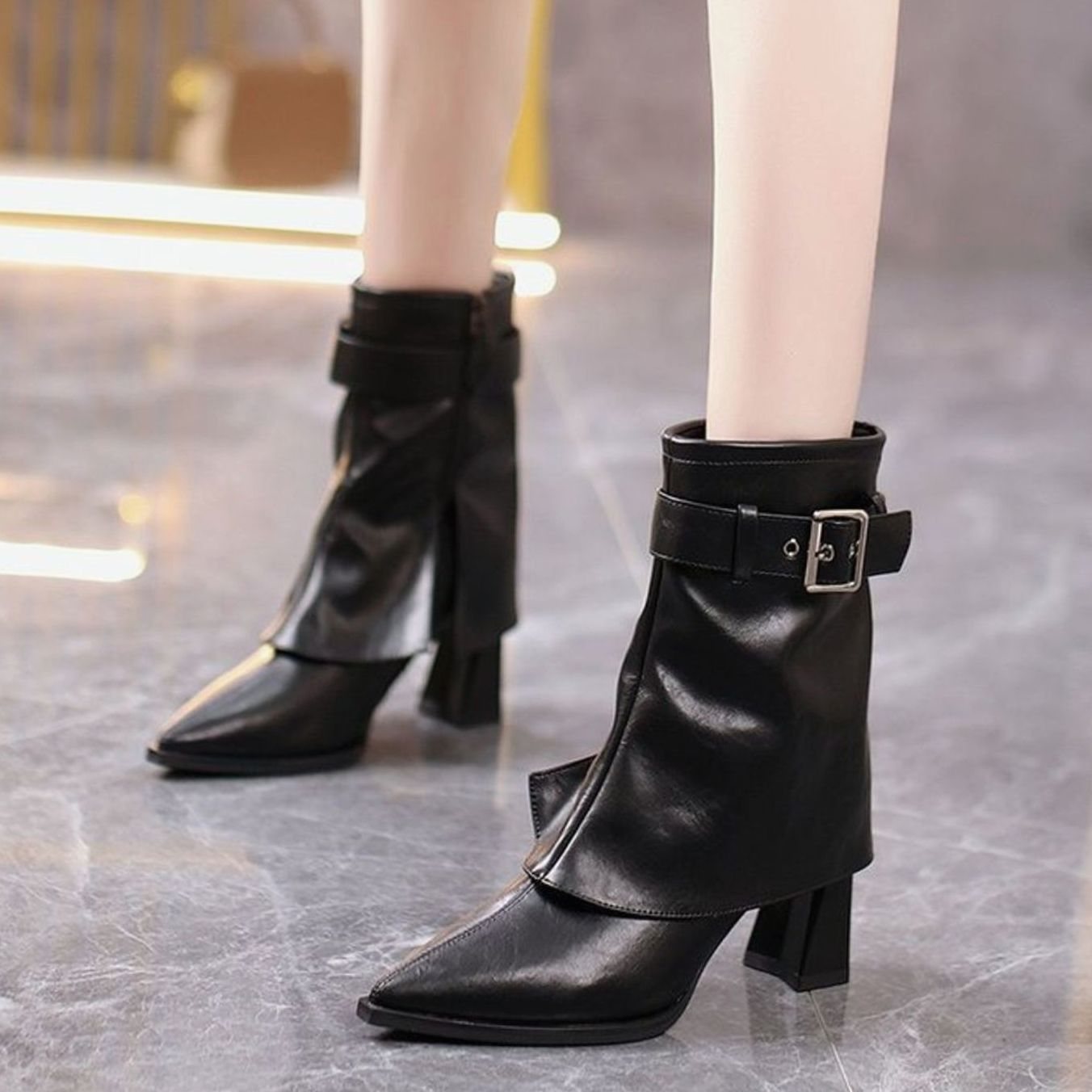 Women's Block Heel Buckle Strap Pointed Toe Ankle Boots - Black