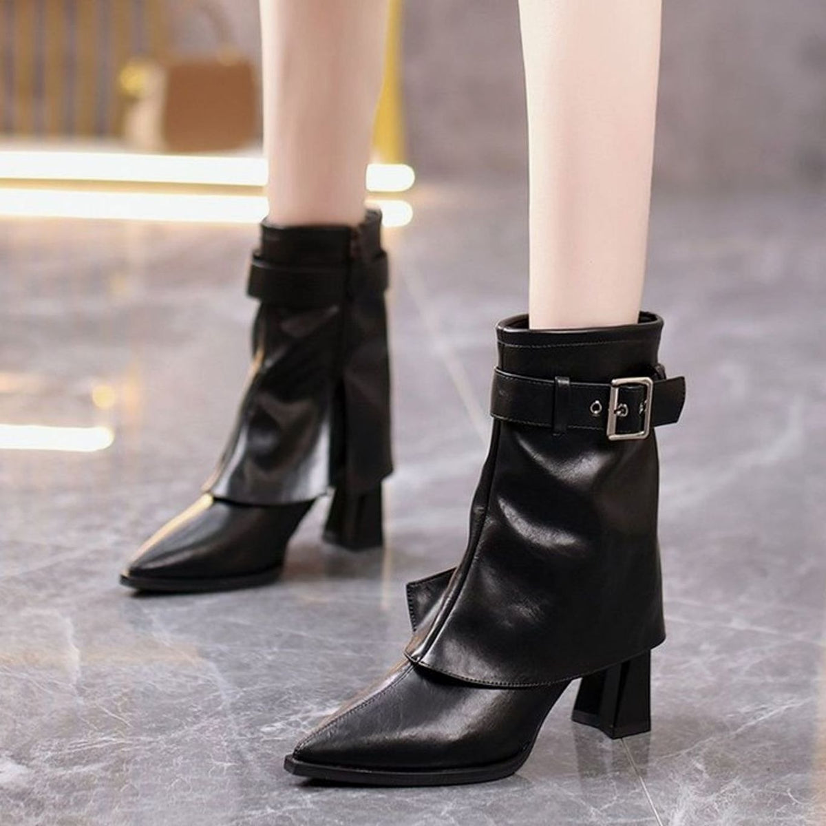 Women's Block Heel Buckle Strap Pointed Toe Ankle Boots