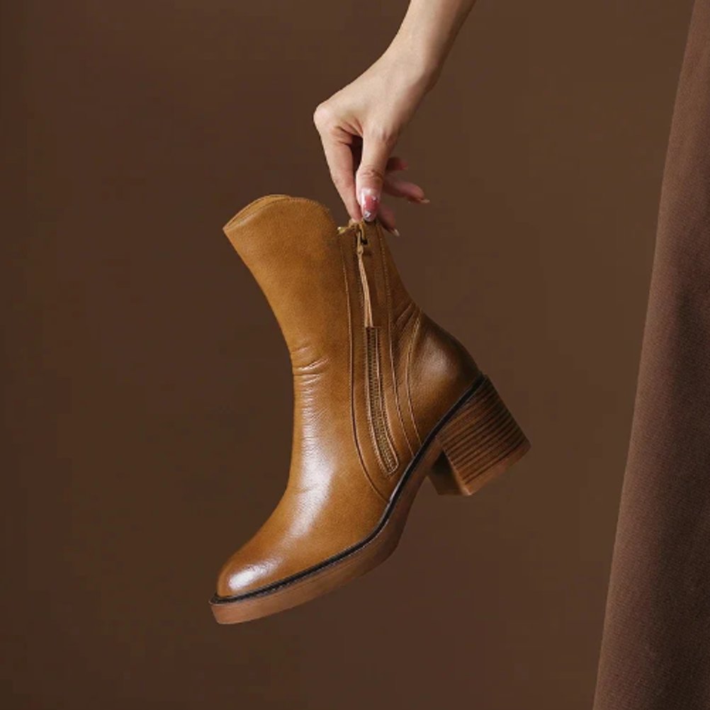 Women's Block-Heel Leather Zip-Up Ankle Boots