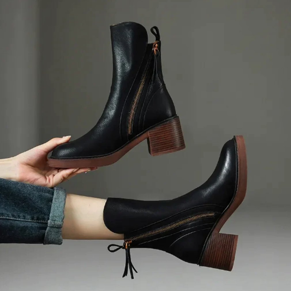 Women's Block-Heel Leather Zip-Up Ankle Boots - Black