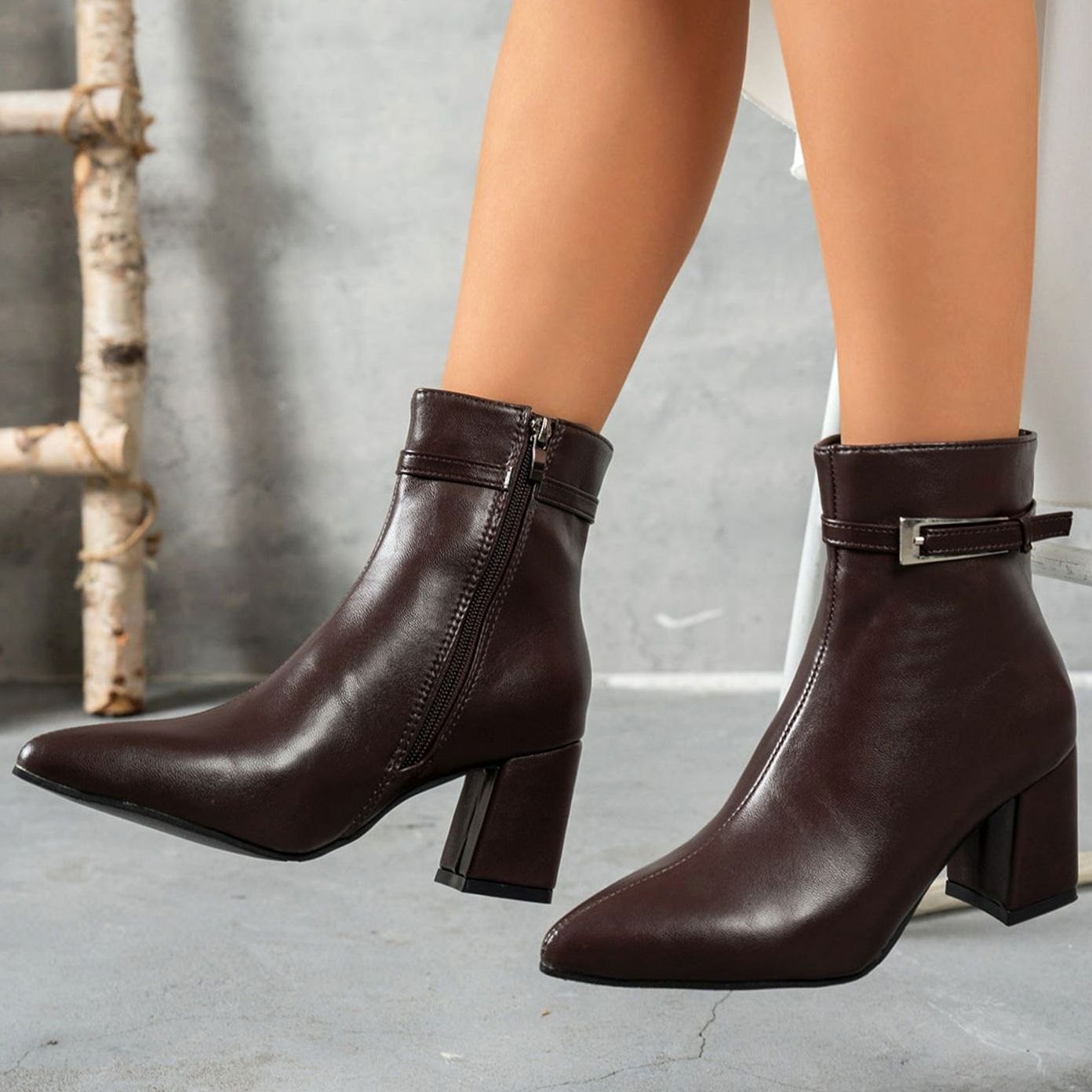 Women's Block Heel Pointed-Toe Buckle Ankle Boots