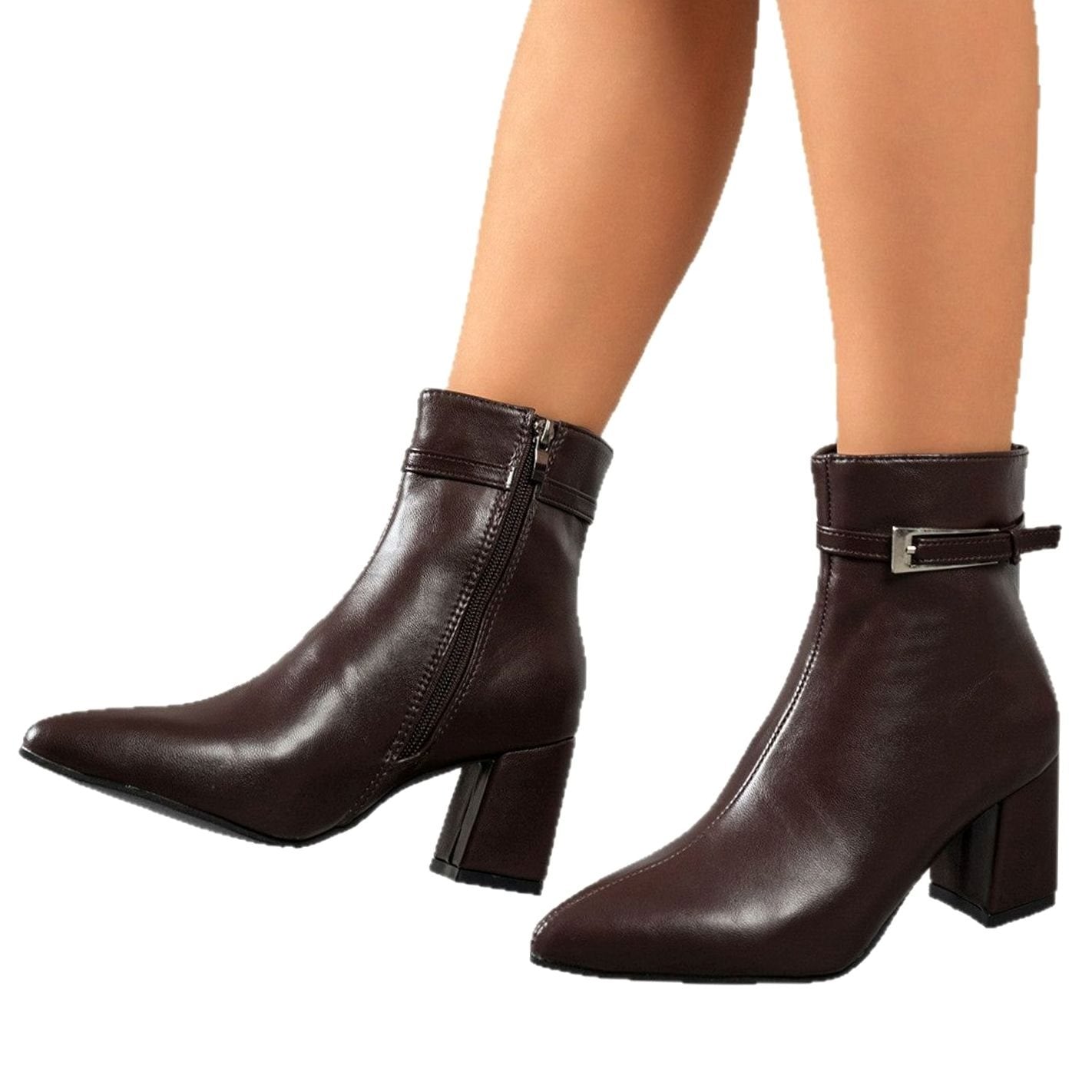 Women's Block Heel Pointed-Toe Buckle Ankle Boots